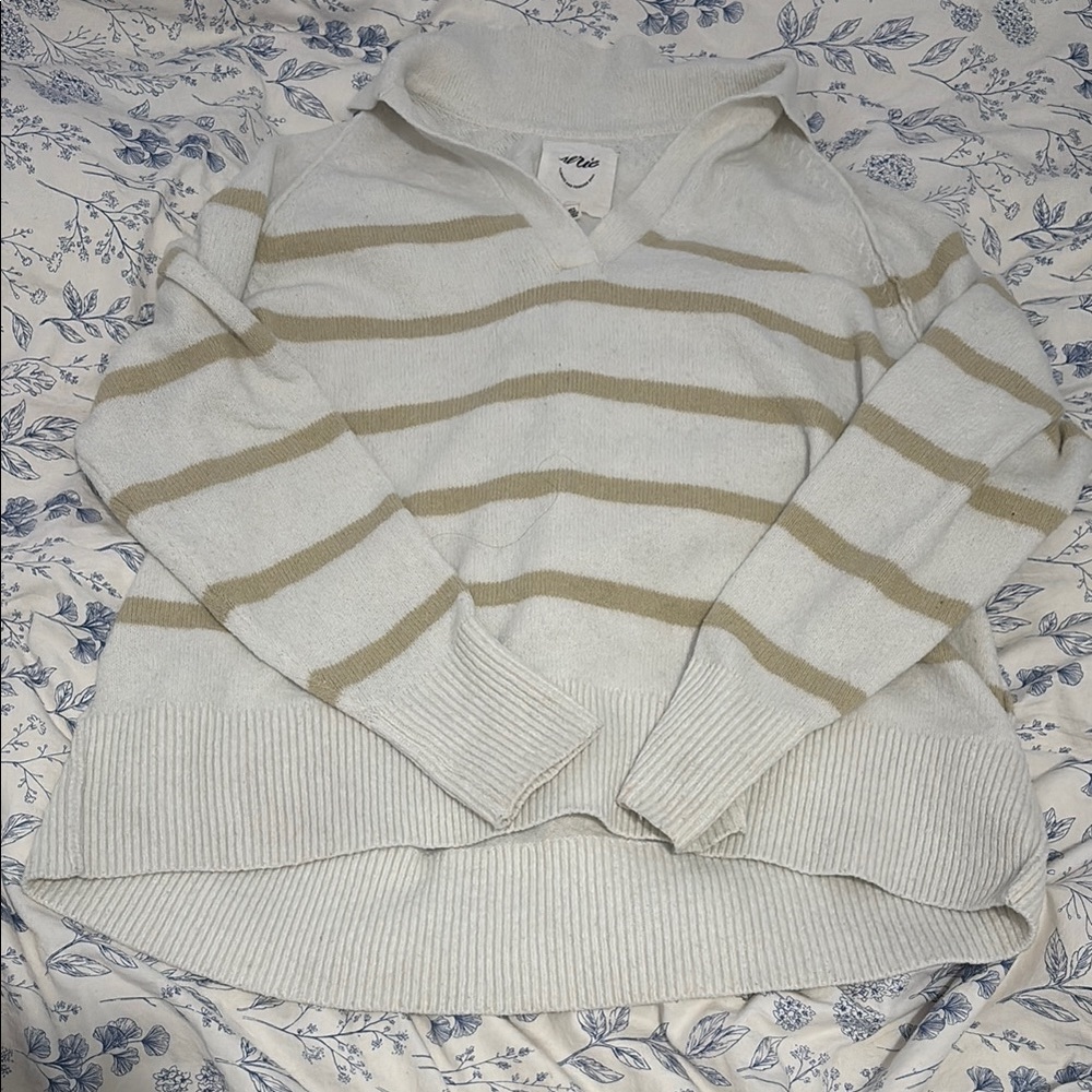Women's Cream and Tan Striped Sweater
